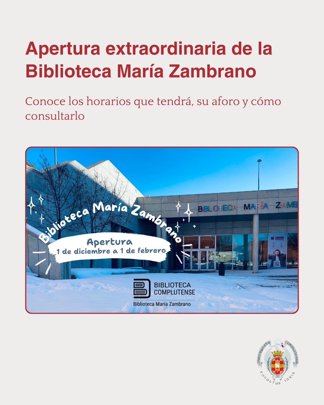 Apertura extraordinaria de la Biblioteca María Zambrano diciembre 2025 - febrero 2026